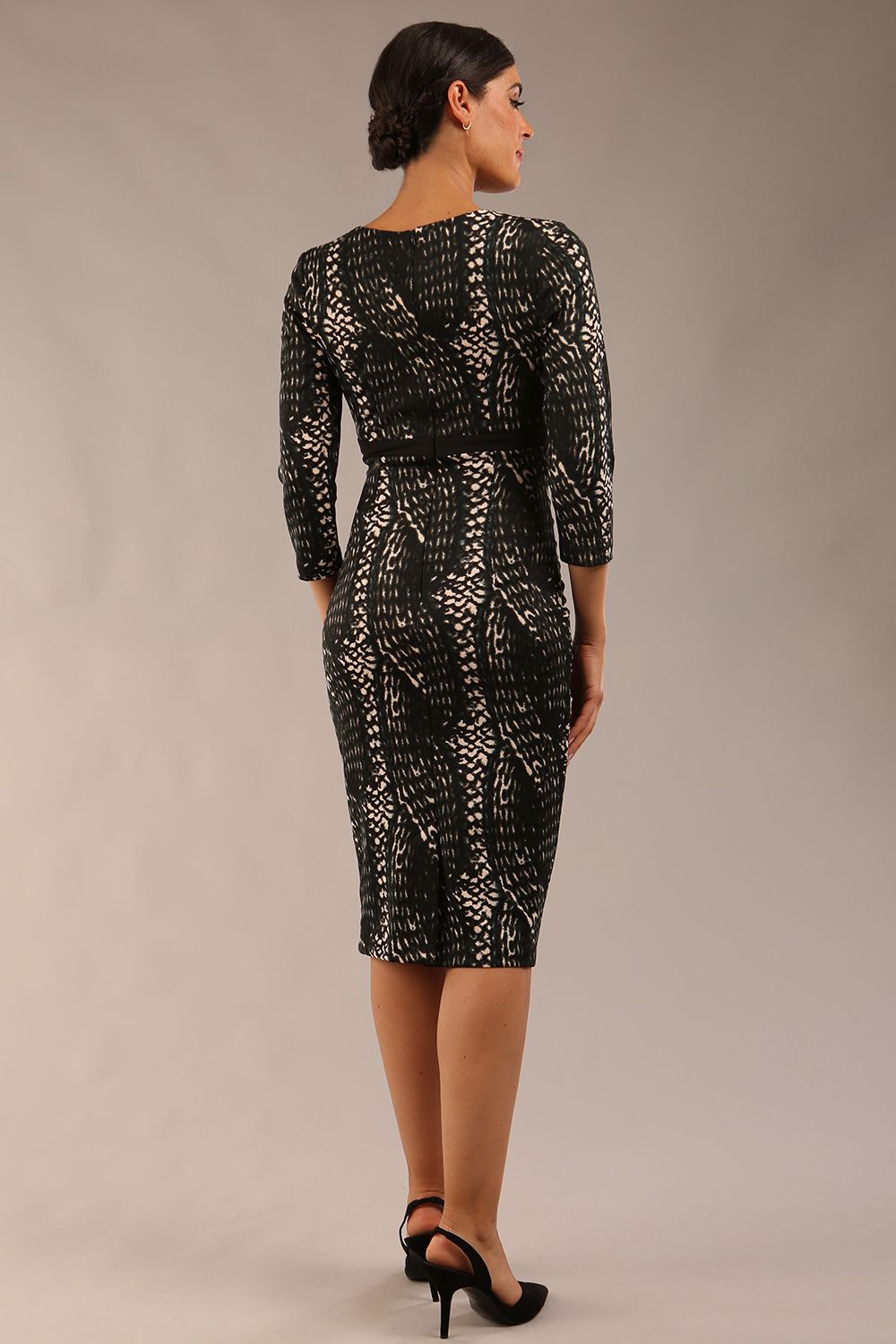 model wearing a diva catwalk Nadia Print Contour Stretch Dress in animal weave print