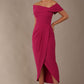 model wearing diva catwalk vegas calf length magenta midaxi dress with wide bardot neckline and open shoulders with a large opening at the front of the skirt with pleating coming down long skirt front (Magenta)