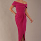 model wearing diva catwalk vegas calf length magenta midaxi dress with wide bardot neckline and open shoulders with a large opening at the front of the skirt with pleating coming down long skirt front (Magenta)