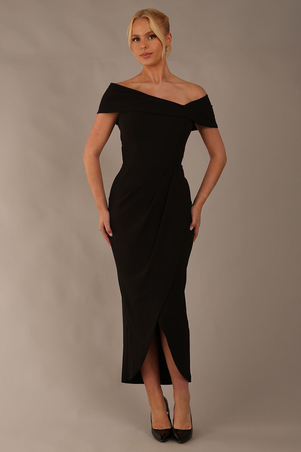 model wearing diva catwalk vegas calf-length black midaxi dress with wide bardot neckline and open shoulders with a large opening at the front of the skirt with pleating coming down long skirt front (Black)