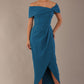 model wearing diva catwalk vegas calf length Teal midaxi dress with wide bardot neckline and open shoulders with a large opening at the front of the skirt with pleating coming down long skirt front (Tropical Teal)