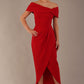 model wearing diva catwalk vegas calf length midaxi dress with wide bardot neckline and open shoulders with a large opening at the front of the skirt with pleating coming down long skirt front in scarlet red (Scarlet Red)
