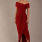 model wearing diva catwalk vegas calf length rosewood red midaxi dress with wide bardot neckline and open shoulders with a large opening at the front of the skirt with pleating coming down long skirt front (Rosewood Red)