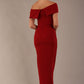 model wearing diva catwalk vegas calf length rosewood red midaxi dress with wide bardot neckline and open shoulders with a large opening at the front of the skirt with pleating coming down long skirt back (Rosewood Red)