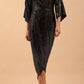 Brunette model wearing diva catwalk Glitterati Midaxi Sparkle Dress in Black in Jersey sparkle and ITY lining with wrap dress style and 3/4 length bell sleeves front