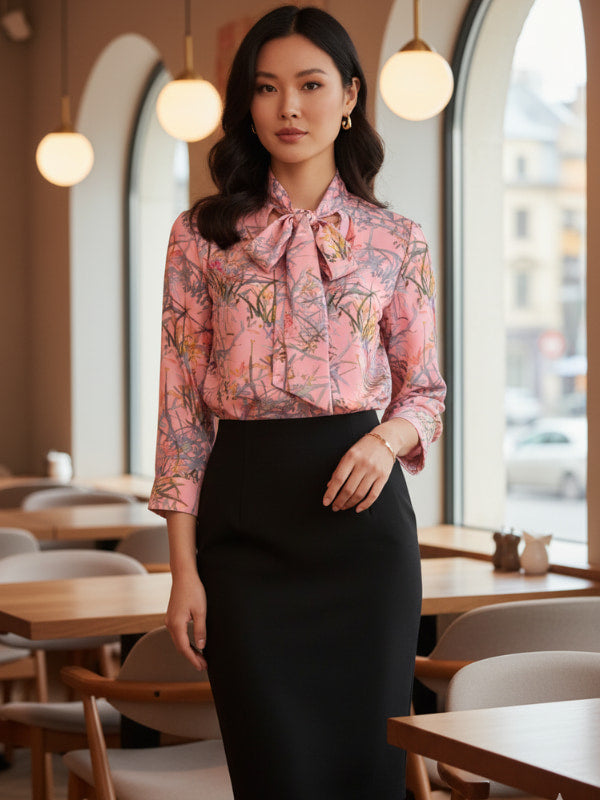 Model wearing the Diva floral top in pink front image