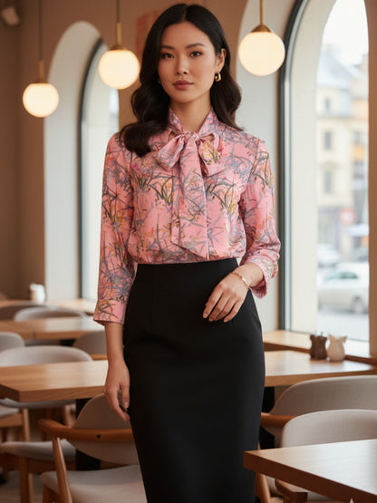 Model wearing the Diva floral top in pink front image