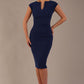 model wearing diva catwalk lydia sleeveless pencil flattering fitted plain dress with split neckline and pleating across the body in navy blue sheath dress front (Navy Blue)