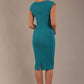 model wearing diva catwalk lydia sleeveless pencil flattering fitted plain dress with split neckline and pleating across the body mosaic blue back (Mosaic Blue)