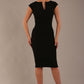 model wearing diva catwalk lydia sleeveless pencil flattering fitted plain dress with split neckline and pleating across the body black front (Black)