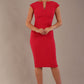 model wearing diva catwalk lydia sleeveless pencil flattering fitted plain dress with split neckline and pleating across the body Raspberry pink front (Raspberry Pink)