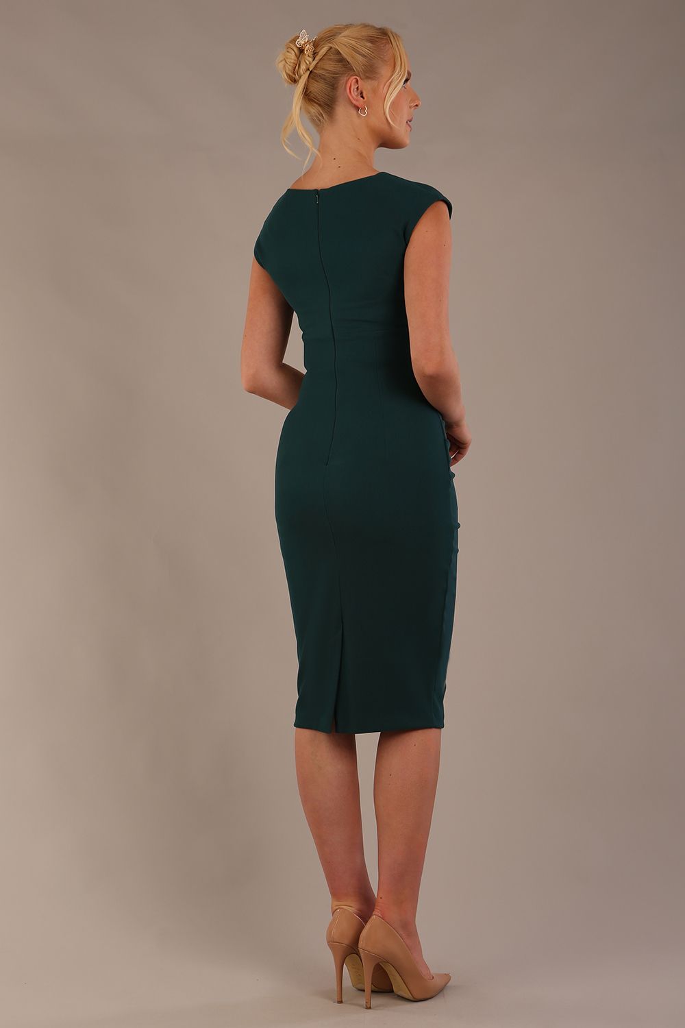 model wearing diva catwalk lydia sleeveless pencil flattering fitted plain dress with split neckline and pleating across the body green gables back (Green Gables)