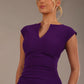 model wearing diva catwalk lydia sleeveless pencil flattering fitted plain dress with split neckline and pleating across the body passion purple front close-up (Passion Purple)