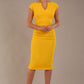 model wearing diva catwalk lydia sleeveless pencil flattering fitted plain dress with split neckline and pleating across the body in spectra yellow front (Spectra Yellow)
