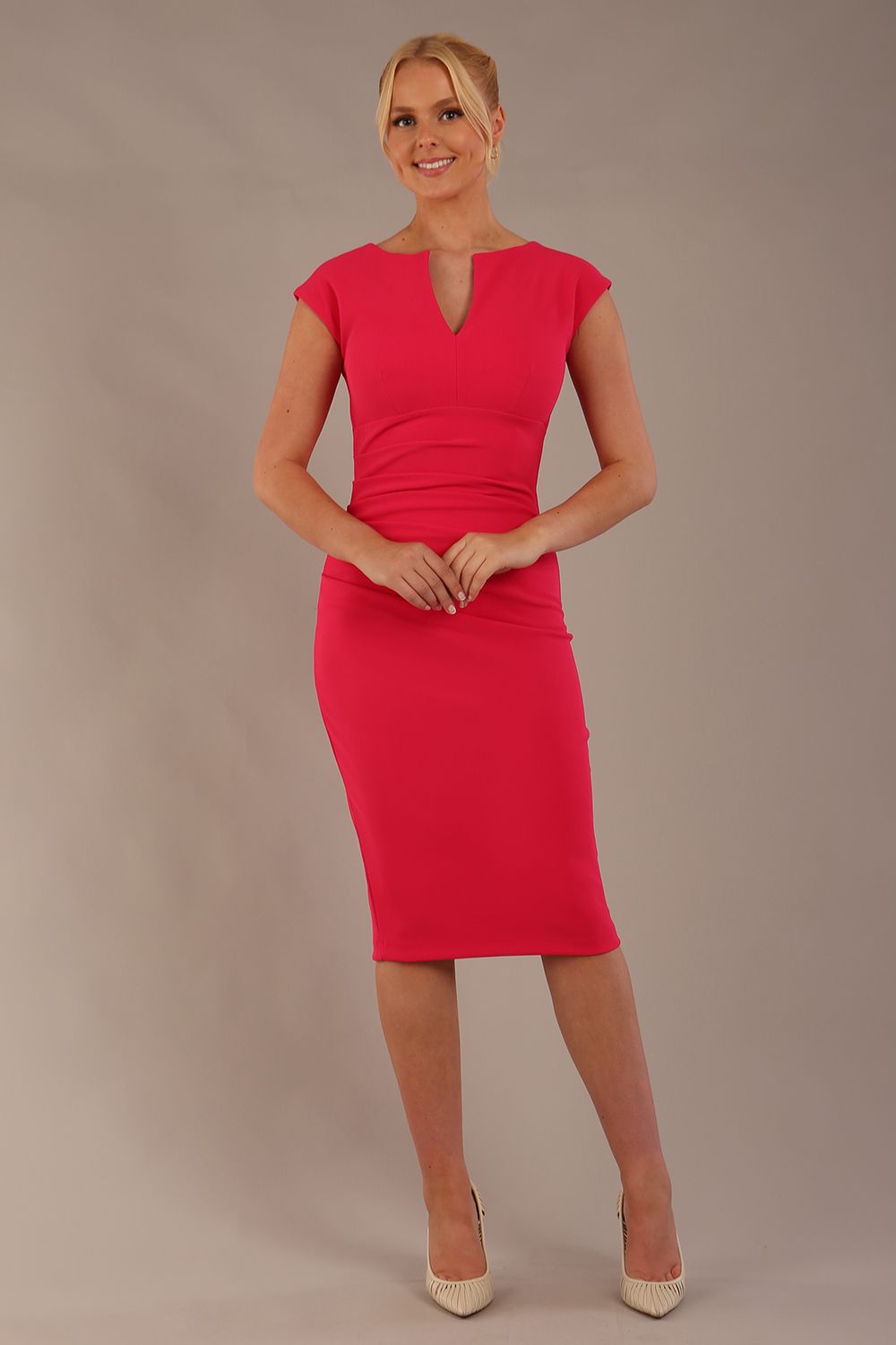 model wearing diva catwalk lydia sleeveless pencil flattering fitted plain dress with split neckline and pleating across the body virtual pink (Virtual Pink)