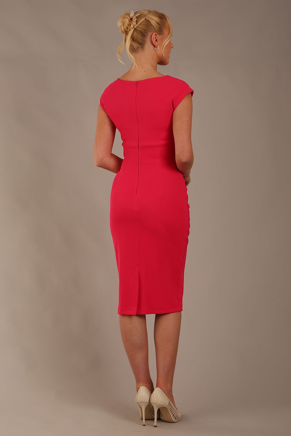 model wearing diva catwalk lydia sleeveless pencil flattering fitted plain dress with split neckline and pleating across the body virtual pink (Virtual Pink)