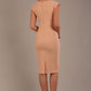 model wearing diva catwalk lydia sleeveless pencil flattering fitted plain dress with split neckline and pleating across the body in almond mousse sheath dress back (Almond Mousse)