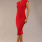 brunette model wearing diva catwalk lydia sleeveless pencil flattering fitted plain dress with split neckline and pleating across the body true red front