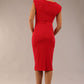 brunette model wearing diva catwalk lydia sleeveless pencil flattering fitted plain dress with split neckline and pleating across the body true red back