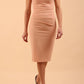 brunette model wearing diva catwalk lydia sleeveless pencil flattering fitted plain dress with split neckline and pleating across the body Almond Mousse front