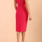 brunette model wearing diva catwalk lydia sleeveless pencil flattering fitted plain dress with split neckline and pleating across the body Virtual Pink back
