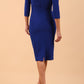 model wearing Diva Catwalk pencil three quarter sleeve dress with a split neckline and pleating across the tummy in cobalt blue back