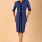 brunette model wearing Diva catwalk goggle pencil dress with short sleeve and v-neckline with contrasted design across body in princess blue front
