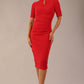 model is wearing Diva Catwalk Lydia Short Sleeve Pencil Dress with pleating across the tummy and split neckline in True Red front