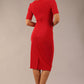 model is wearing Diva Catwalk Lydia Short Sleeve Pencil Dress with pleating across the tummy and split neckline in True Red back