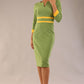 Model wearing Diva catwalk Paeonia dress square neckline with a vent in Citrus Green with Daffodil Yellow and Citrus Green stripes around the waist and three quarter sleeve with Daffodil Yellow contrast finish front