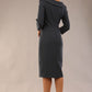 Model wearing Diva catwalk Opulus pencil dress in Slate grey with three quarter sleeve figure fitted front image