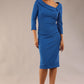 Model wearing Diva catwalk Opulus pencil dress in sapphire blue with three quarter sleeve figure fitted front image