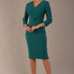 model wearing diva catwalk cranston pencil-skirt dress with low v-neck and tie detail wide band with sleeves in pacific green colour front (Pacific Green)