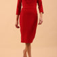 Model wearing Diva catwalk Pieris pencil dress in cardinal red with three quarter sleeve figure fitted front image