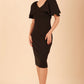 brunette model is wearing diva catwalk hermione pencil dress with tie shoulder details and empire waistline in black front