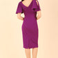 brunette model is wearing diva catwalk hermione pencil dress with tie shoulder details and empire waistline in Deep Purple back