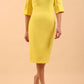 model is wearing divacatwalk chiswick pencil dress rounded neck with short sleeve in blazing yellow front