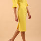 model is wearing divacatwalk chiswick pencil dress rounded neck with short sleeve in blazing yellow front side