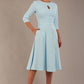 model is wearing diva catwalk casares swing dress with a keyhole neckline three quarter sleeve dress with pocket detail in sky blue front (Sky Blue)