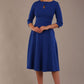 model is wearing diva catwalk casares swing dress with a keyhole neckline three quarter sleeve dress with pocket detail in cobalt blue front (Cobalt Blue)