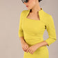 model is wearing diva catwalk plaza sheath dress with high neck Trapezium neckline cutout and three quarter sleeve pretty dress in citrus green front