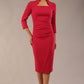 model is wearing diva catwalk plaza sheath dress with high neck Trapezium neckline cutout and three quarter sleeve pretty dress in Raspberry pink colour