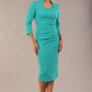 model is wearing diva catwalk plaza sheath dress with high neck Trapezium neckline cutout and three quarter sleeve pretty dress in aqua green front