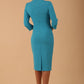 model is wearing diva catwalk plaza sheath dress with high neck Trapezium neckline cutout and three quarter sleeve pretty dress in azure blue colour