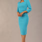 model is wearing diva catwalk plaza sheath dress with high neck Trapezium neckline cutout and three quarter sleeve pretty dress in azure blue colour