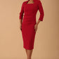 model is wearing diva catwalk plaza sheath dress with high neck Trapezium neckline cutout and three quarter sleeve pretty dress in Raspberry pink colour
