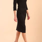 model is wearing diva catwalk plaza sheath dress with high neck Trapezium neckline cutout and three quarter sleeve pretty dress in black front side