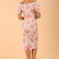 model wearing a diva catwalk Blythe Off Shoulder Jacquard Rose Dress short sleeves, pencil dress in rose floral colour back