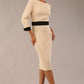 Model wearing diva catwalk Reese 3/4 Sleeved pencil skirt dress with a contrast sleeve and waistband details in Sandshell Beige/Black