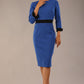 Model wearing diva catwalk Reese 3/4 Sleeved pencil skirt dress with a contrast sleeve and waistband details in Cobalt Blue/ Navy Blue